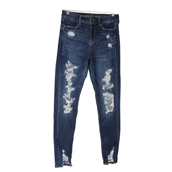 American Eagle Women's 8 Long Blue Distressed Next Level Stretch Hi Rise Jegging - Picture 1 of 8